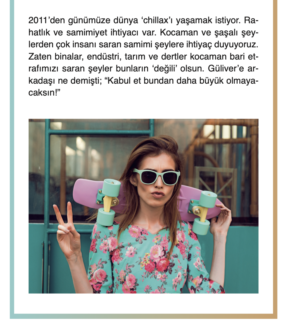 Lüks-Gen sayfası — chillax metni ve yeşil gözlüklü, çiçekli elbiseli kadın görseli